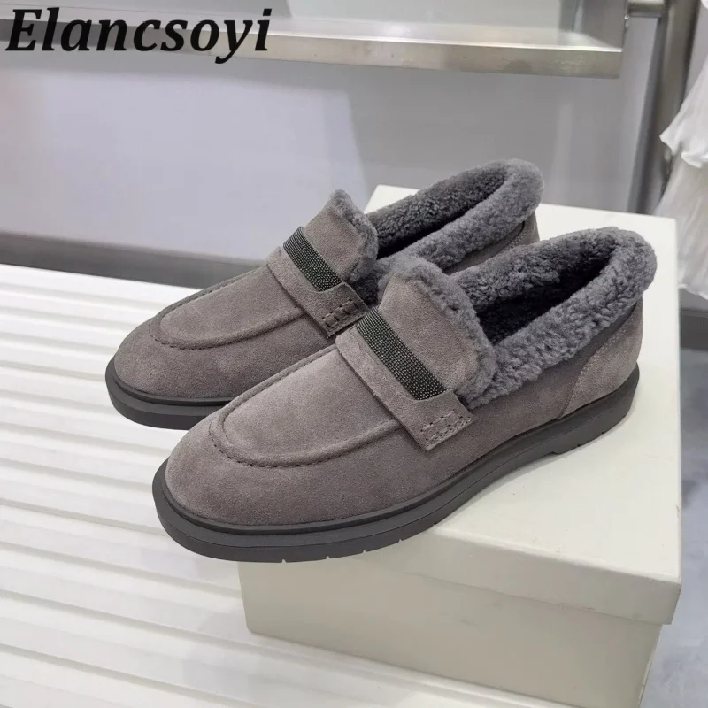 Loafers Women Cow Suede Retro Flat Bottom Single Shoes Spring Autumn Round Toe String Bead Decor Plush Lining Walking Shoes