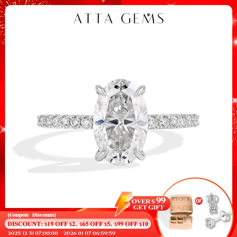 

ATTAGEMS Классическое кольцо с муассанитом овальной огранки 3,0 карата для женщин, стерлинговое серебро 925 пробы, позолоченное обручальное кольцо, ювелирные изделия