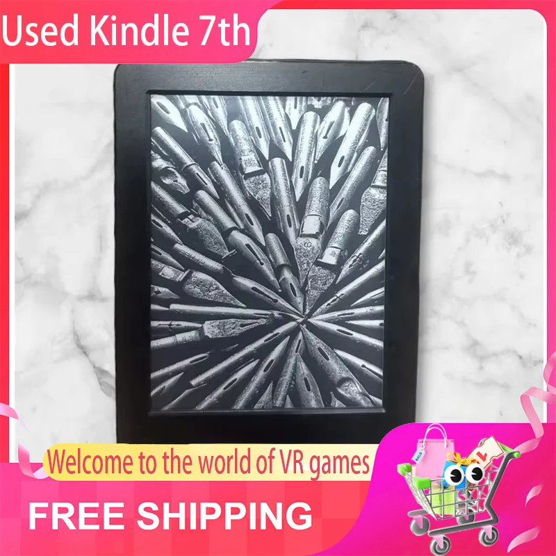 قارئ الكتب الإلكترونية Kindle 7th مستعمل بشاشة حبر إلكترونية غير خلفية مقاس 6 بوصات مع تسجيل الحسابات، واتصال Wi-Fi ولغات متعددة