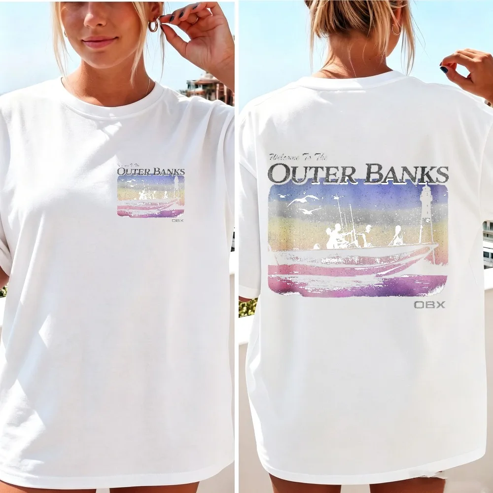 Outer Banks‑Inspired Cotton T‑Shirt Double‑Sided Sunset Boat Lighthouse OBX Graphic Tee TV Show Fan Merch Casual Streetwear Tops