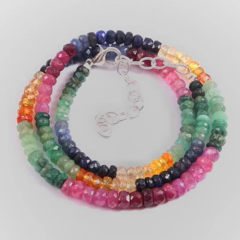

Multi Sapphire Necklace Natural 2-4mmFaceted Beads Inch Handmade Strand