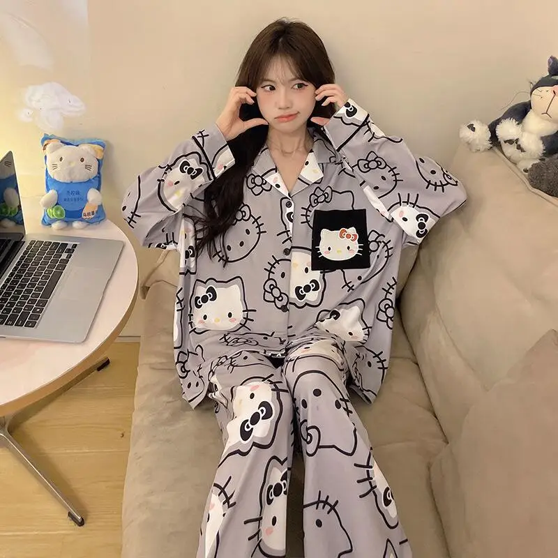 Kawaii pijamas terno olá kitty usagi algodão primavera anime hachiware mangas compridas calças pijamas casuais meninas estudante homewear