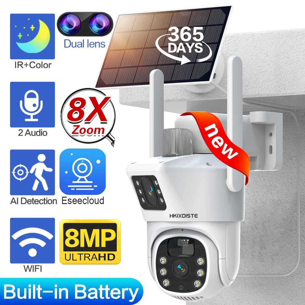 

8MP 4K Outdoor Wifi Dual Lens Camera Color Night Vision PTZ Wireless Solar Camera AI Auto Tracking CCTV Surveillance IP Camera