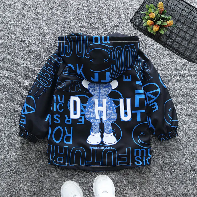 Teenagers Boys Coat 2024 Spring Autumn Full Print Letter Cartoon Pattern Hooded Windbreaker For 2-12 Years Kids Leisure Overcoat