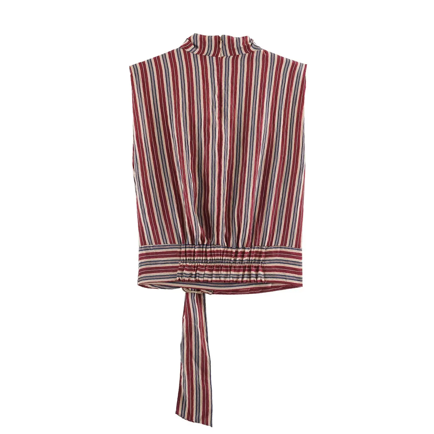 BSAY 2026 Herbst Bohemian Urlaubsstil Damen Gestreiftes Ärmelloses Top mit Halbhohem Kragen, Taillengürtel, Rückenverschluss und Reißverschluss, Partyhemd – Detail 3