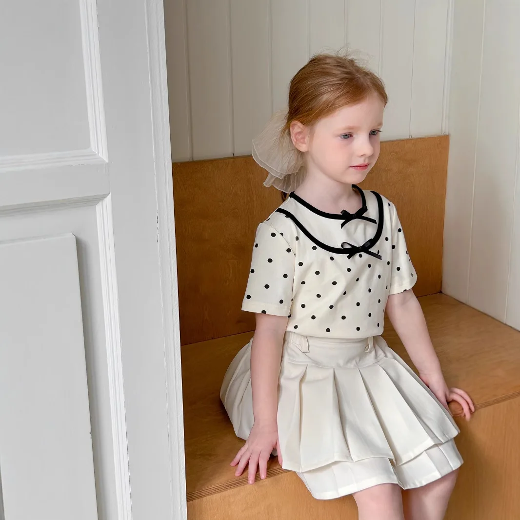 

Polka Dot Undershirt 2025 Summer New Korean Fashionable Sweet and Cute Polka Dot Bow Fake Two Piece T-shirt