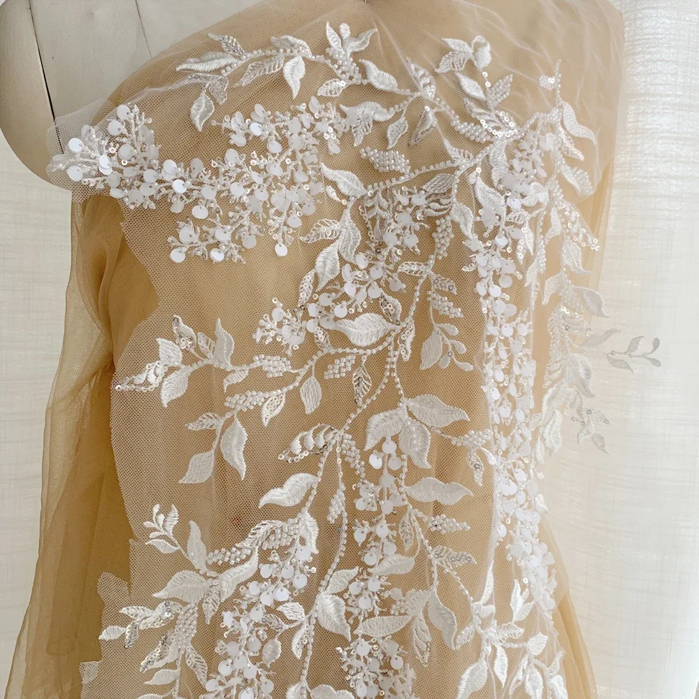 أوراق الغابة البيضاء الجديدة، نسيج الدانتيل المطرز، الزهور الكبيرة، ملحقات تزيين خلفية فستان الزفاف المصنوعة يدويًا