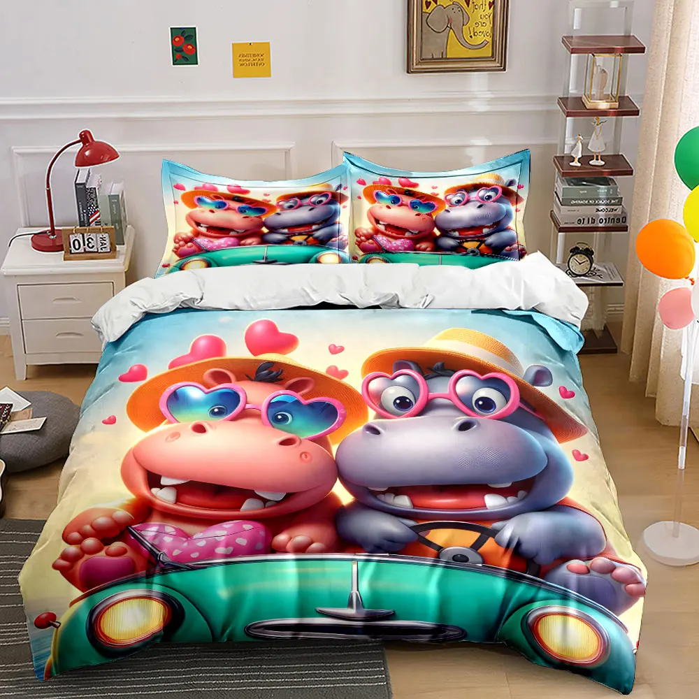 Happy hippo couple driving vintage car Pattern Duvet Cover Set Digital Print Colorful Polyester Bedding with Zipper Closur