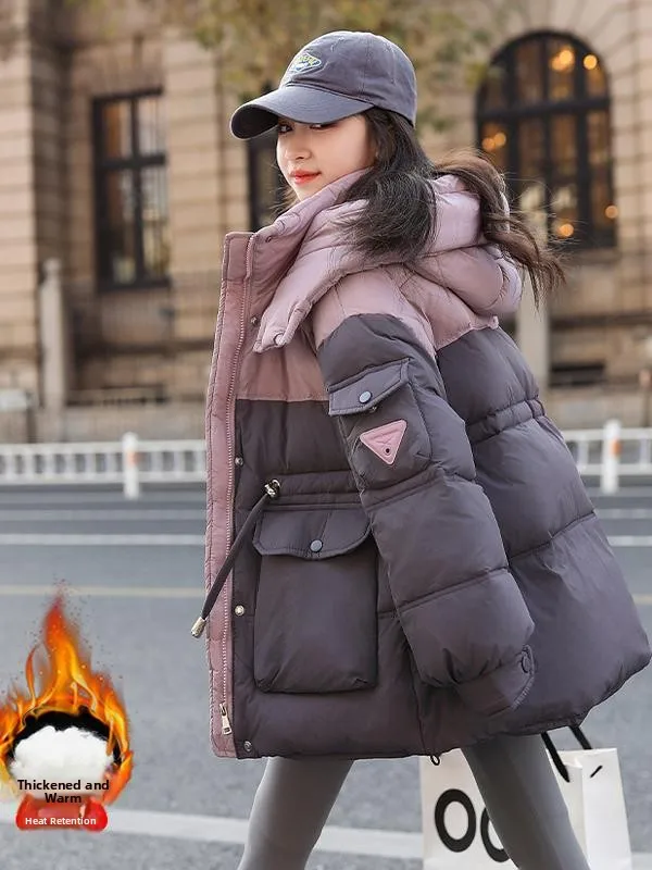 

Girls Mid-Length down Cotton Jaet Waist-Cinching Autumn Winter Coat Thiened Long Sve Hooded for Junior High School Stu...