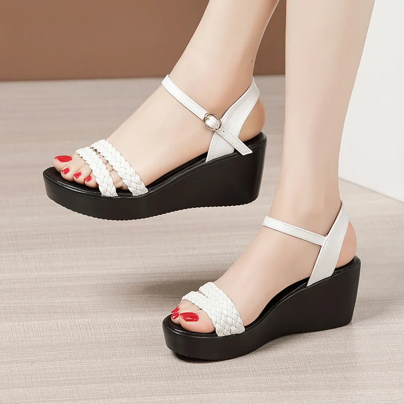 High quality summer wedge sandals for women 6cm mid heels new 2024 size 32 33 42 43 platform open toe elegant shoe white black