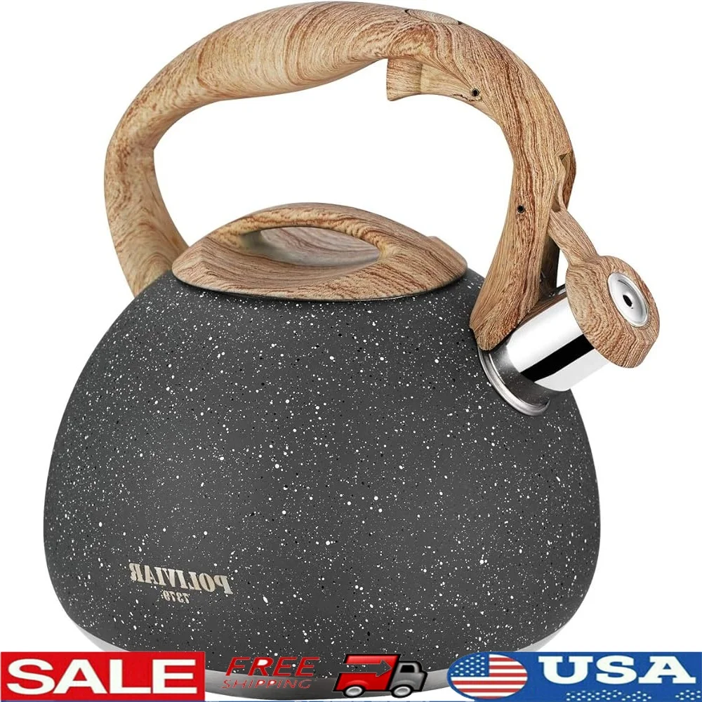 

Чайник из нержавеющей стали 2,7QT, громкий свисток, антикоррозийная деревянная ручка, эргономичный дизайн, быстронагревающаяся основа, пищевой чайник