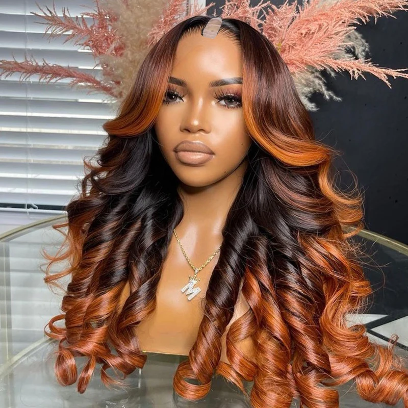 TOP Quality Orange Highlight Brown Black Color Loose Wave 1X4 U Part Wig For Women Brazilian Remy 100% Human Hair Wigs Sale