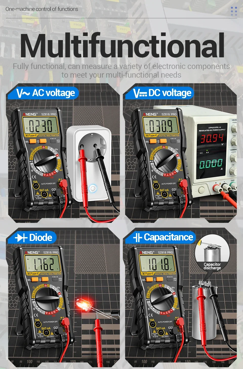 ANENG Digital Multimeters Rechargeable SZ818 Professional AC/DC Voltage NCV Ammeter Voltmeter HFE Triode Capacitor Test Tools