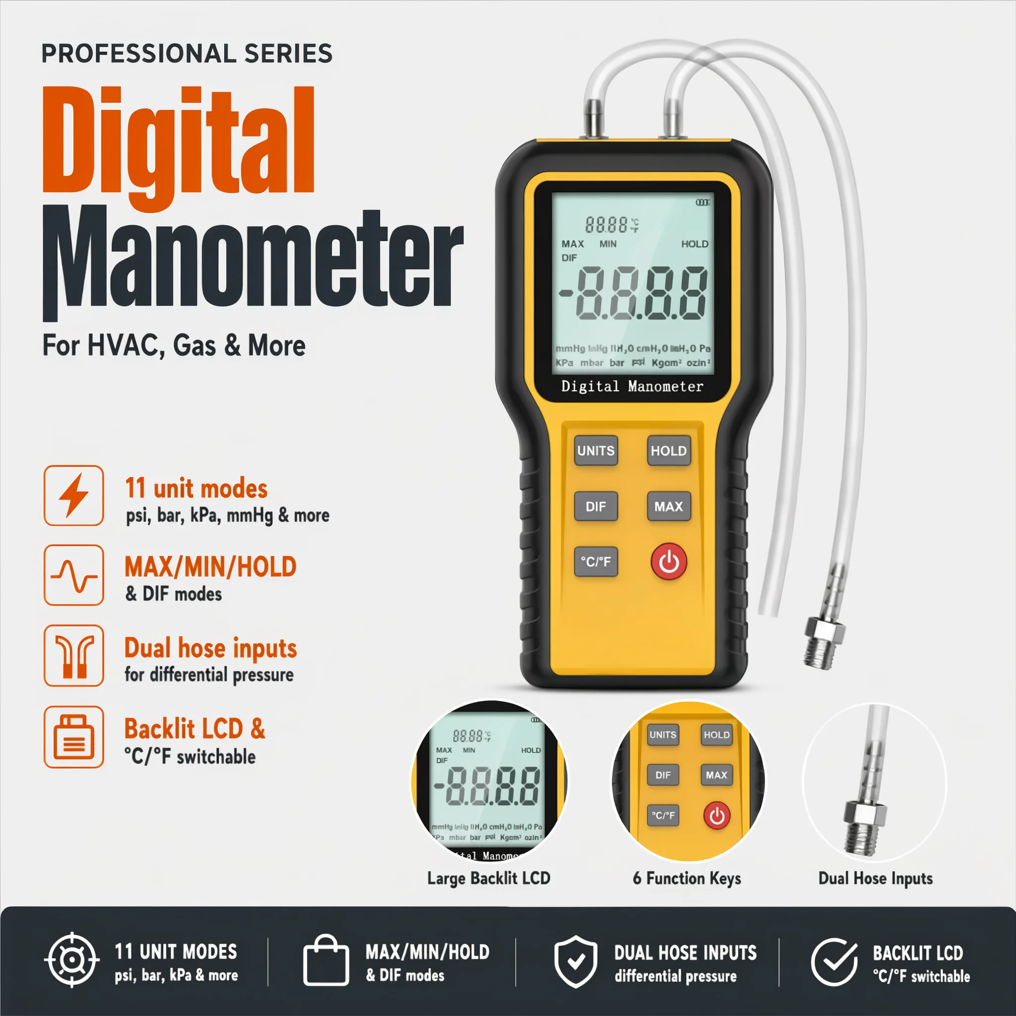 Portable Digital Differential Pressure Manometer ±2.999 psi Dual Input HVAC Pressure Gauge with Backlight 100-Data Memory
