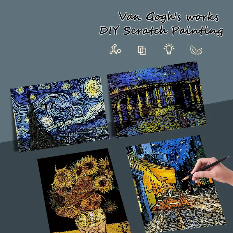 4 Pcs/Set 40.5x28.5 CM DIY Scratch Painting Vincent Van Gogh Sunflowers The Starry Night Artwork Scratch Painting Drawing Toys
