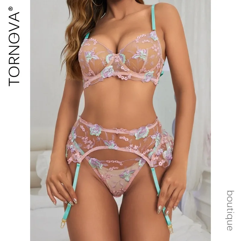 

Tornova Sexy Lingerie Set Gathered Slim Embroidery Contrasting Color Splicing Sexy Perspective Steel Ring Sexy Underwear Set New