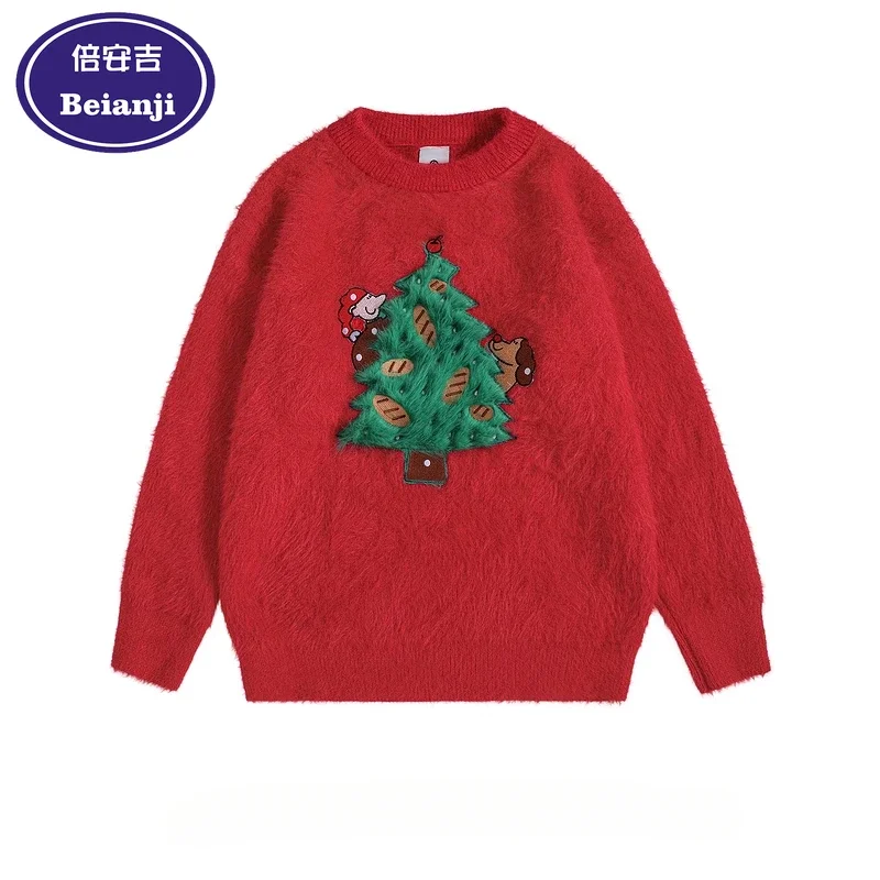 Christmas tree sweater Men's winter flocking atmosphere red sweater hema hair soft waxy pullover round neck casual loose sweater