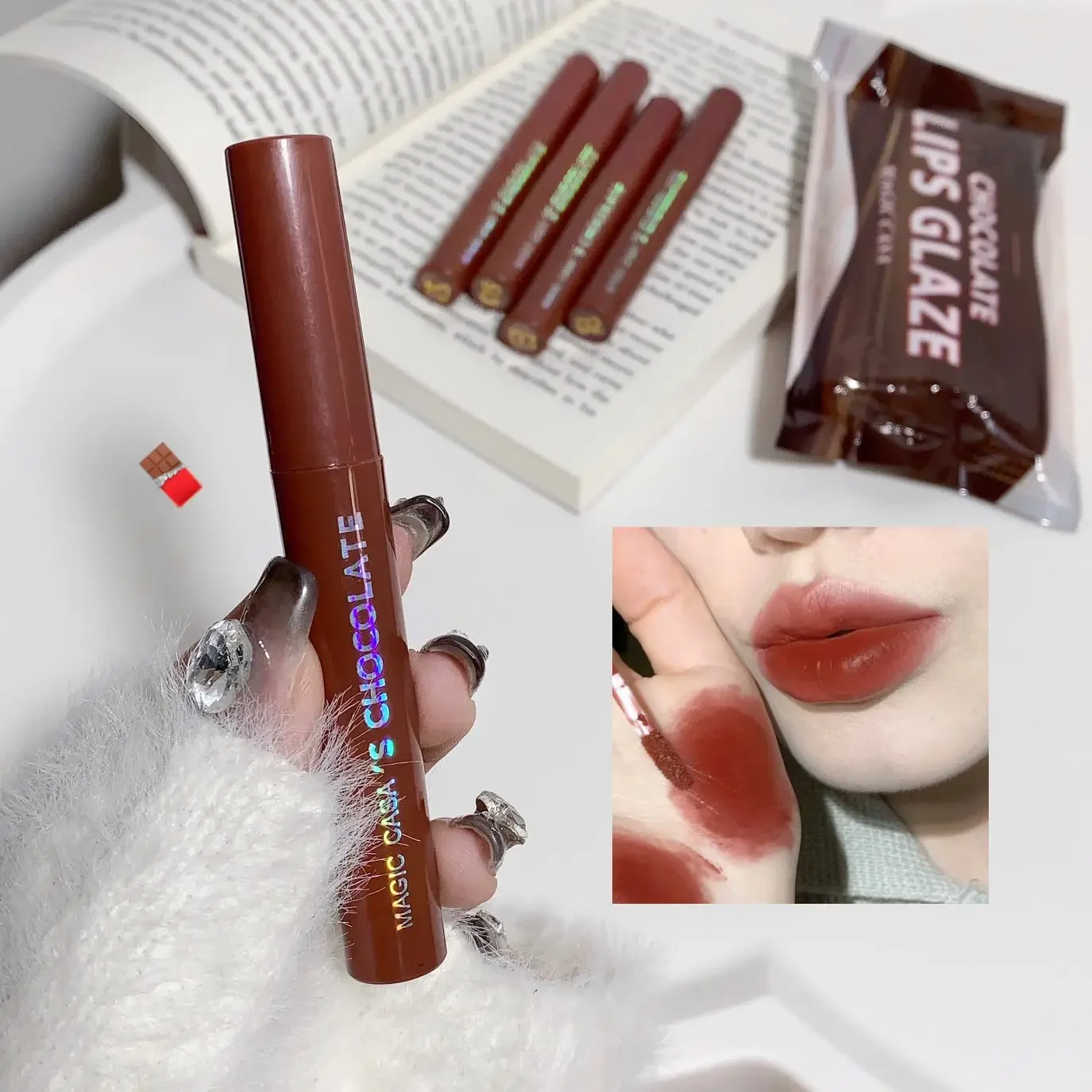 5 ピース/セットチョコレートリップグロスセット防水長期的な非粘着性シルキースムーズヌードレッド液体口紅メイクアップ化粧品