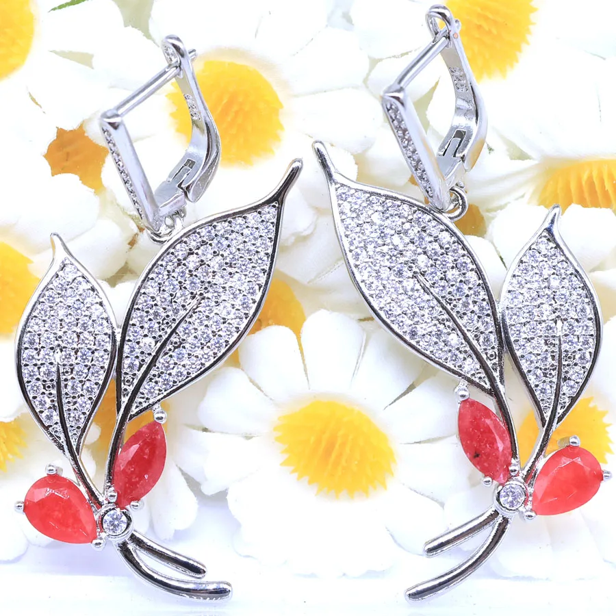 49x26mm SheCrown Fire Rainbow Mystic Topaz Real Red Ruby Real Blue Sapphire Women Wedding CZ Silver plated Dangle Earrings view 3