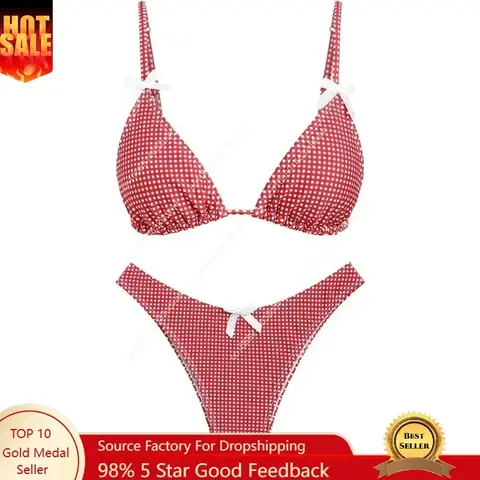 seamoly Women's Bikini Sets Tie Back Bowknot Two Piece Swimsuits Triangle Thong Bathing Suit Gingham Floral Cherry Printing