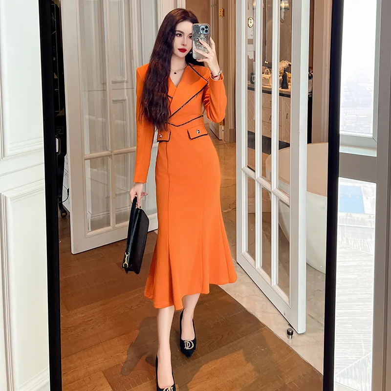 Autumn and Winter Clothing New Women's Graceful Lapel Waist Tight Sheath Long Sleeve Fishtail Dress