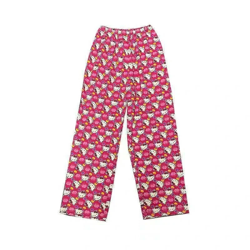 Sanrio Pink Hello Kitty Wide Leg Pants Girls Spring Autumn Elastic Waist Y2k Pants Students Cute Loose High Waist Casual Pants