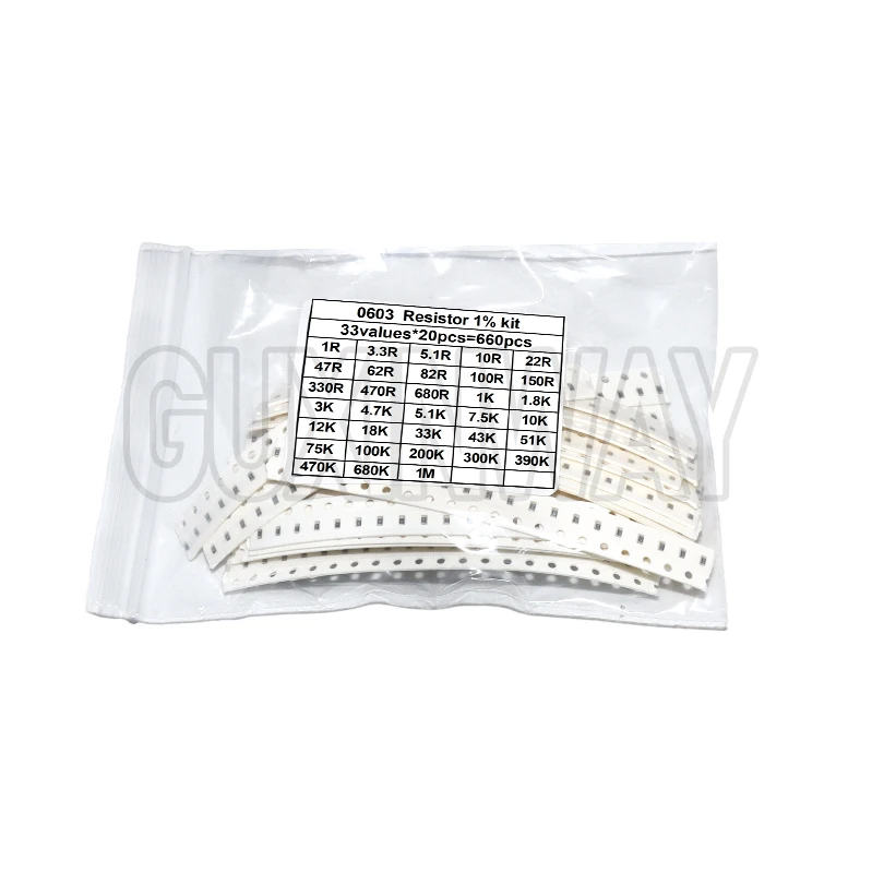 660 قطعة 0603 0805 1206 0402 0201 1% SMD رقاقة المقاوم مجموعة متنوعة 1R - 1M أوم 33valuesX20pcs المقاومة عينة مجموعة
