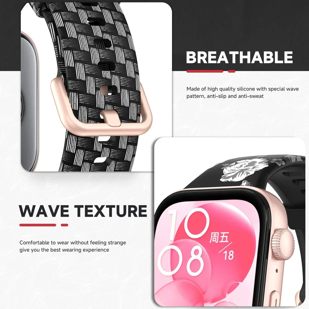 حزام بنمط لساعة Huawei Watch Fit 3، سوار عالمي من السيليكون، سوار زهور لساعة Huawei Watch Fit 3، سوار رياضي مطبوع للنساء