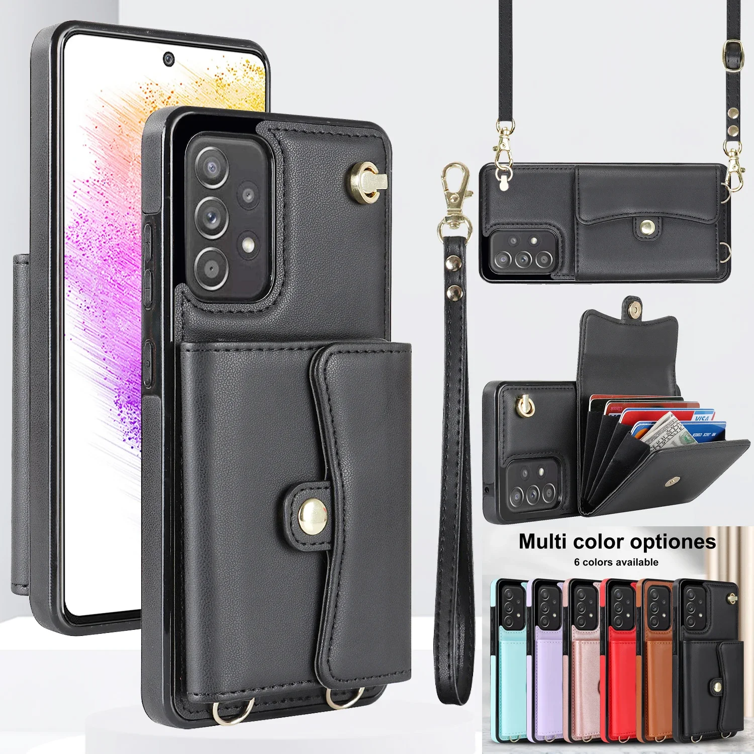 

Crossbody Leather Wallet Card Phone Case For Samsung Galaxy A54 A14 A73 A53 A13 A52 A71 A51 Note 20 Lanyard Flip Stand Cover Bag