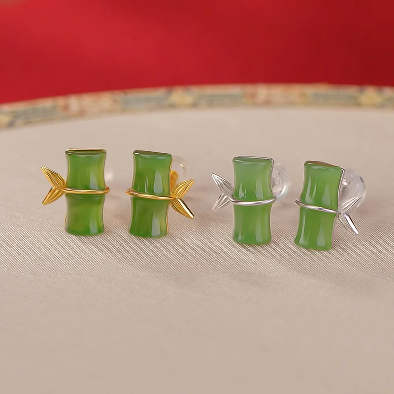 S925 Sterling Silver Gold-Plated Hetian Green Jade New Style Knot And Leaf Earrings