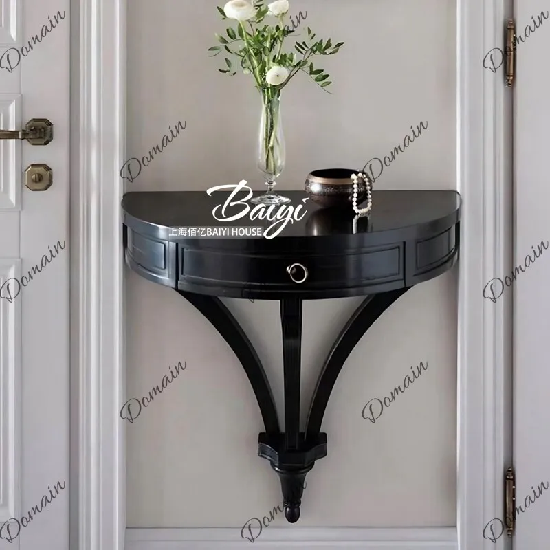 French Style Black Entryway Console Table Solid Wood Wall Mounted Shelf Retro Hallway Decor for Door Corridor