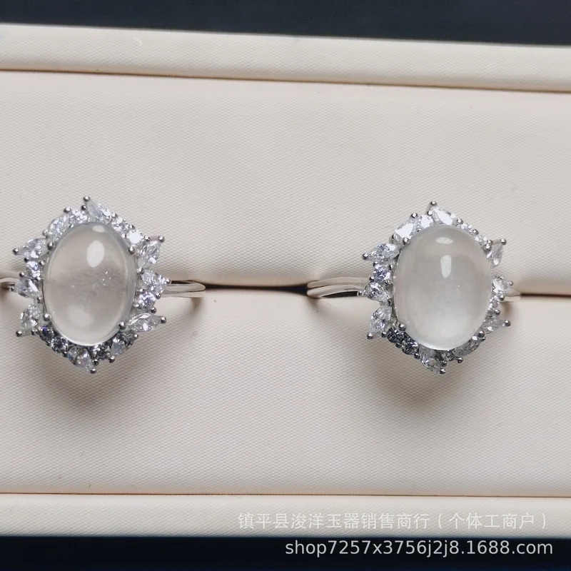 New Chinese-style natural water-foam jade women's ring, fully inlaid with S925 sterling silver, light luxury egg-shaped ring