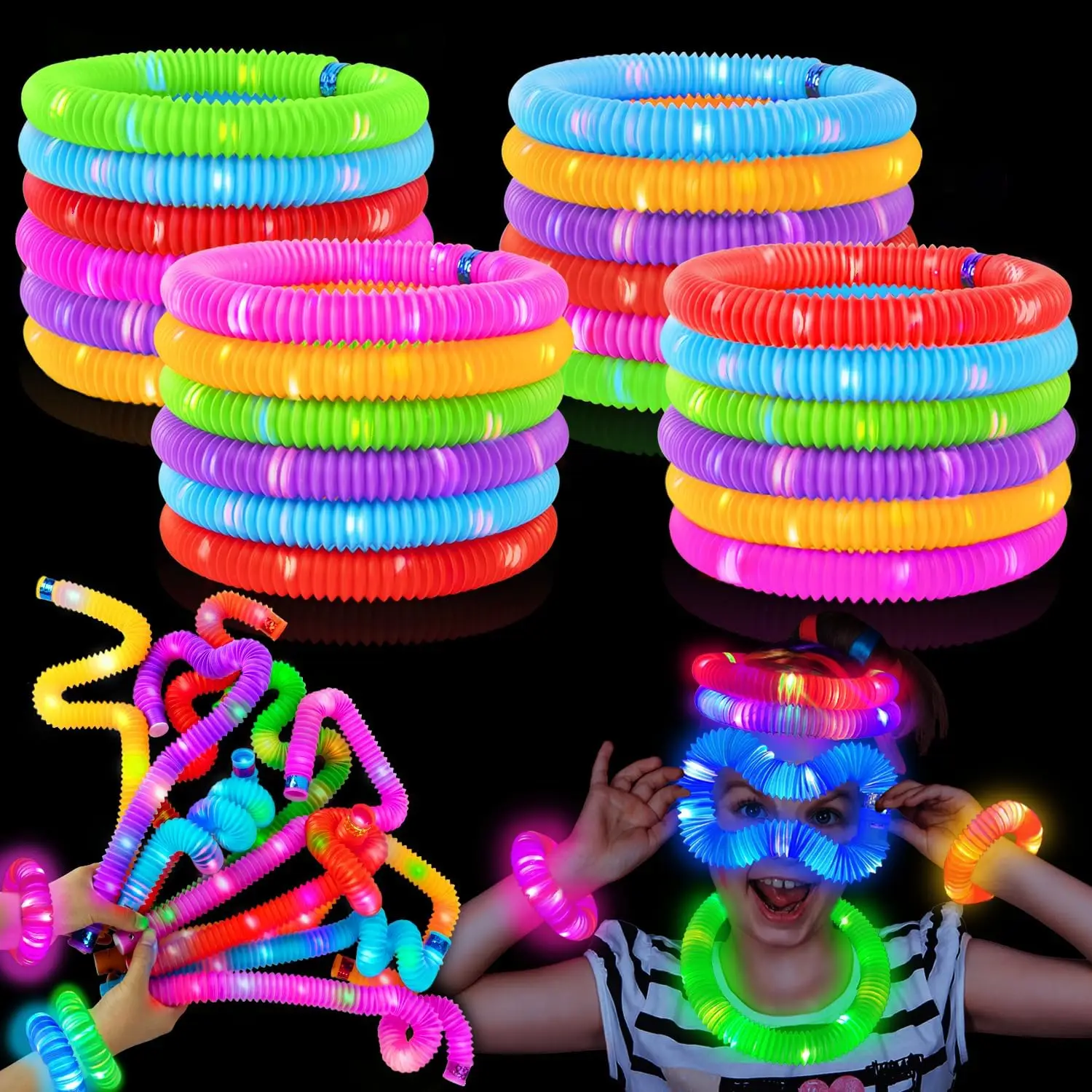 

48PCS Light Up Glow Sticks Bulk Set for 4th of July Party, Fidget Tubes Bracelet Necklace Toys, Goodie Bag Fillers Gifts