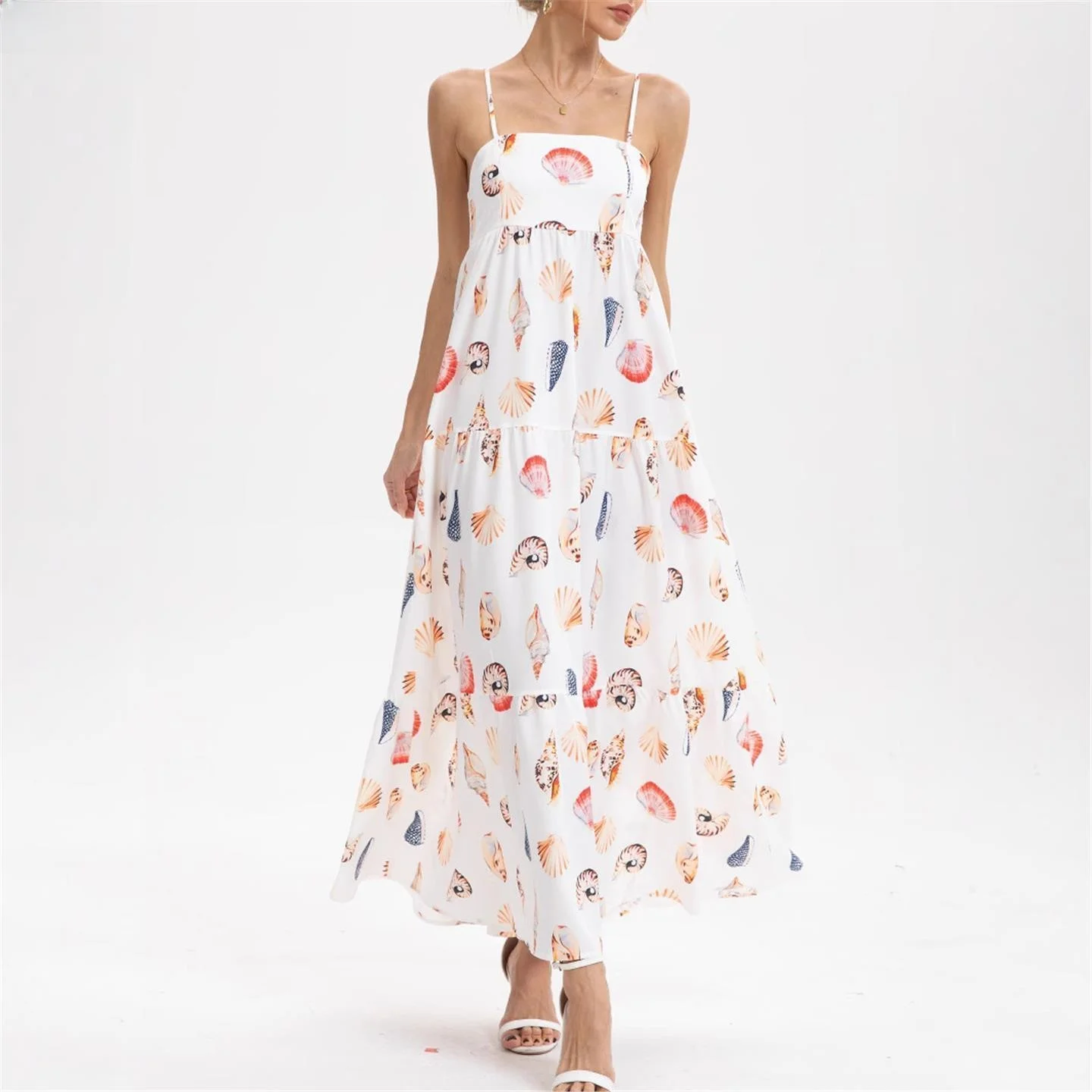 Vacation Print Women's Dress LinJ2026  Snail Layered Strapless Midi Skirt European Style Polyester Casual Citywalk