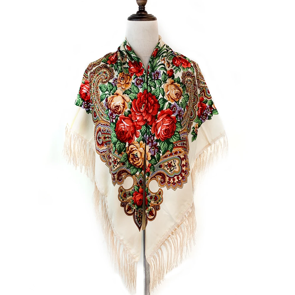 135*135cm Russian Style Square Scarf for Women Luxury Floral Print Bandana Head Scarves Lades Fringed Shawl Headwraps Foulard