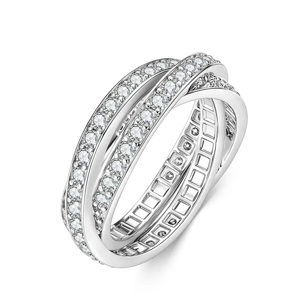 Abestecom 14K Weißgold plattierte Damenringe mit D-farbenem Moissanit, ineinander verschlungener Dreifachband-Stapelring, Hochzeits-Eternity-Schmuck – Detail 8