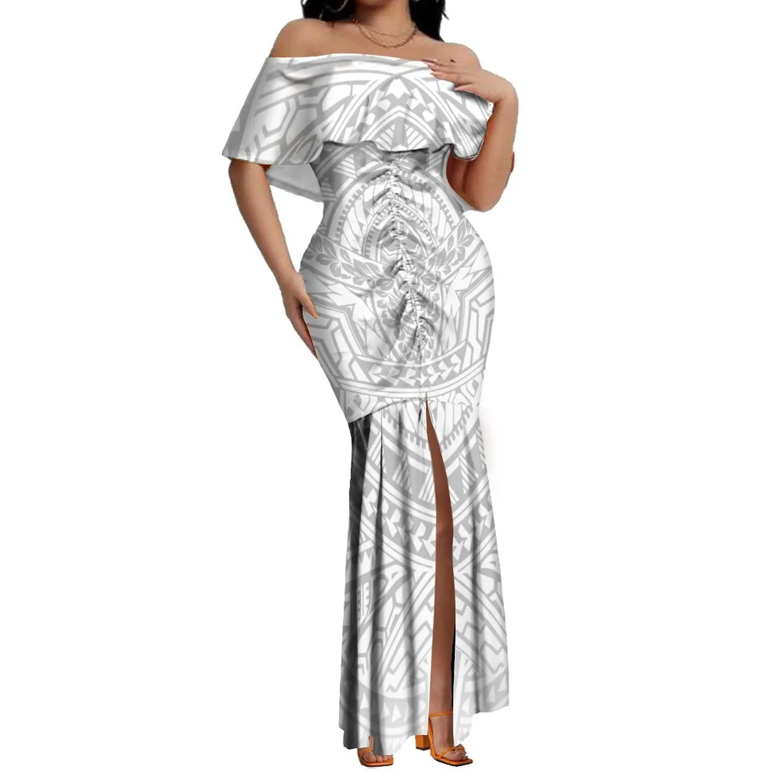 Pacific Island Art Design Custom Layered Ruffle Off Shoulder Fishtail Dresses Women Polynesian Split Pleated Dresses