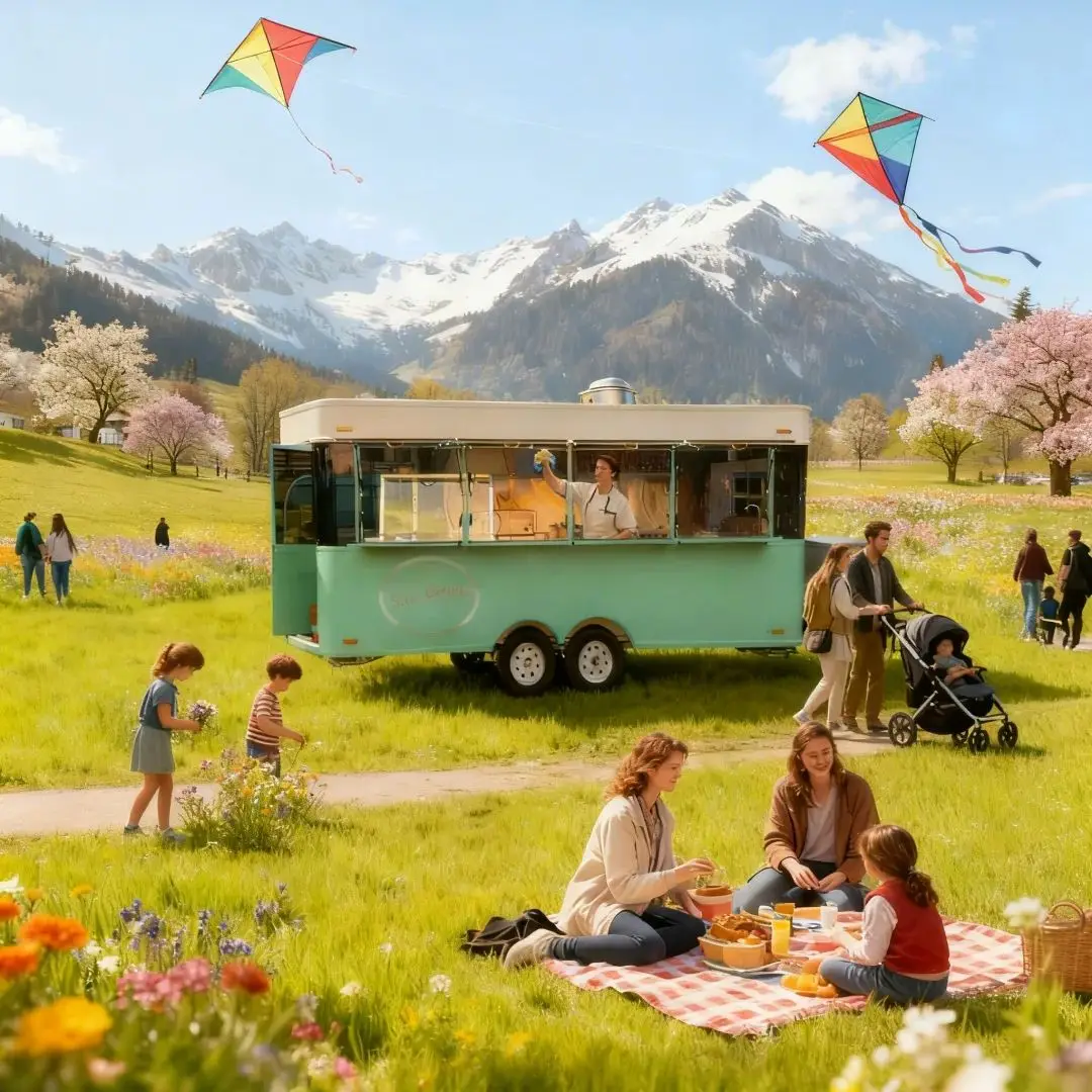 

Outdoor Food Trailer Mint Green & Light Beige Nostalgic Charm Design Portable Kitchen Catering Truck