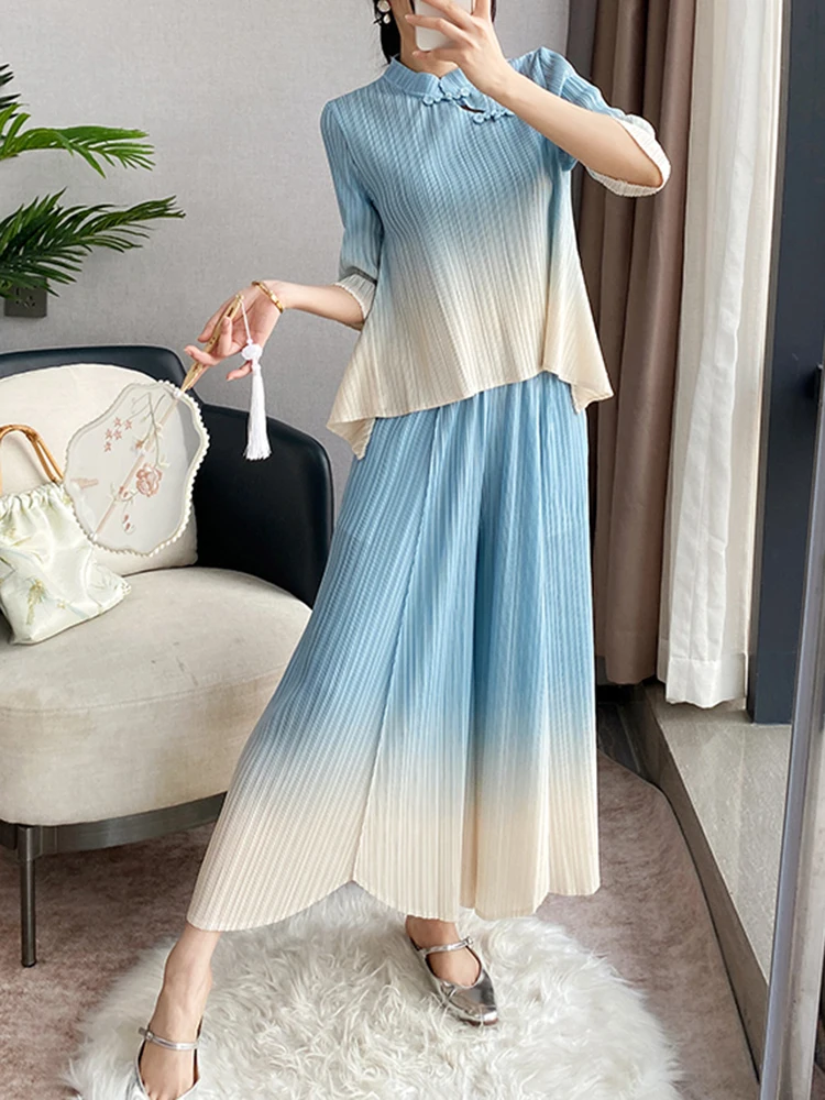 GVUW Pleated 2 Pieces Set Women Gradient Color Loose Stand Collar Top + Wide Leg Trousers New Summer 2024 Clothing Lady 17G5966