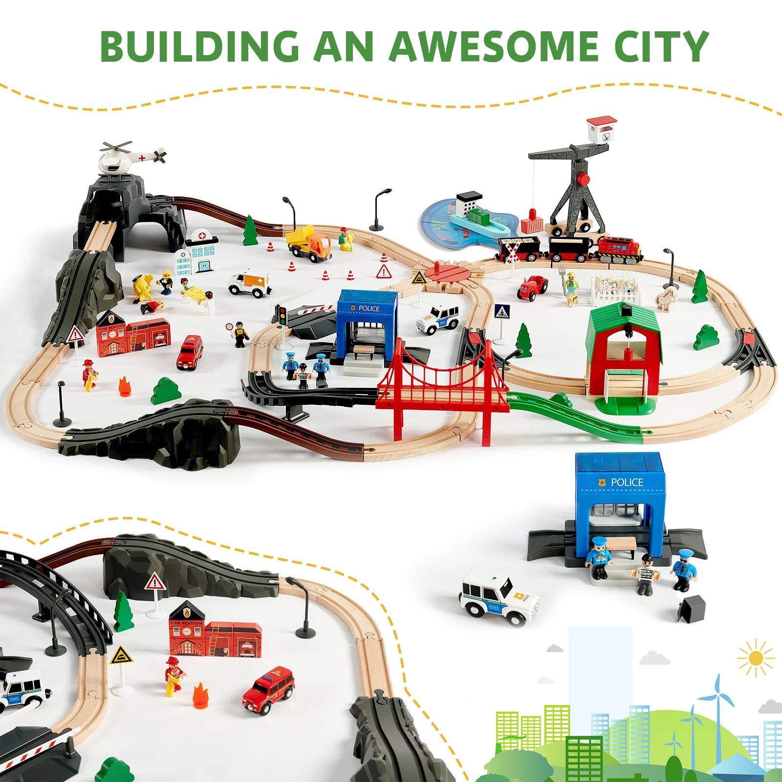 Joylike 153pcs Wooden Train Set, Toy Train for Boys & Girls