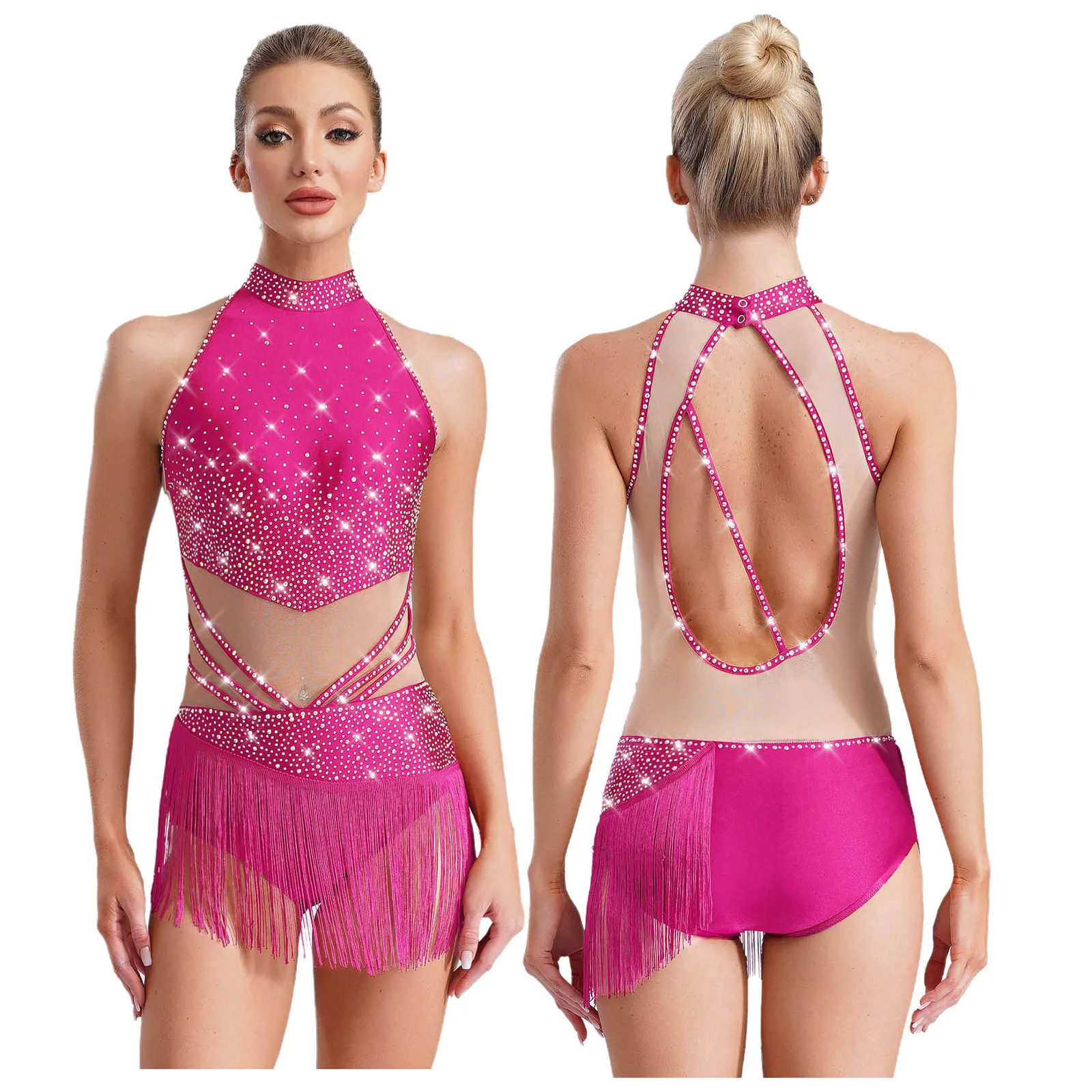 

Women Figure Skating Performance Costume Latin Jazz Dance Samba Skating Leotard Sleeveless Rhinestones Mesh Tassels Bodysuit