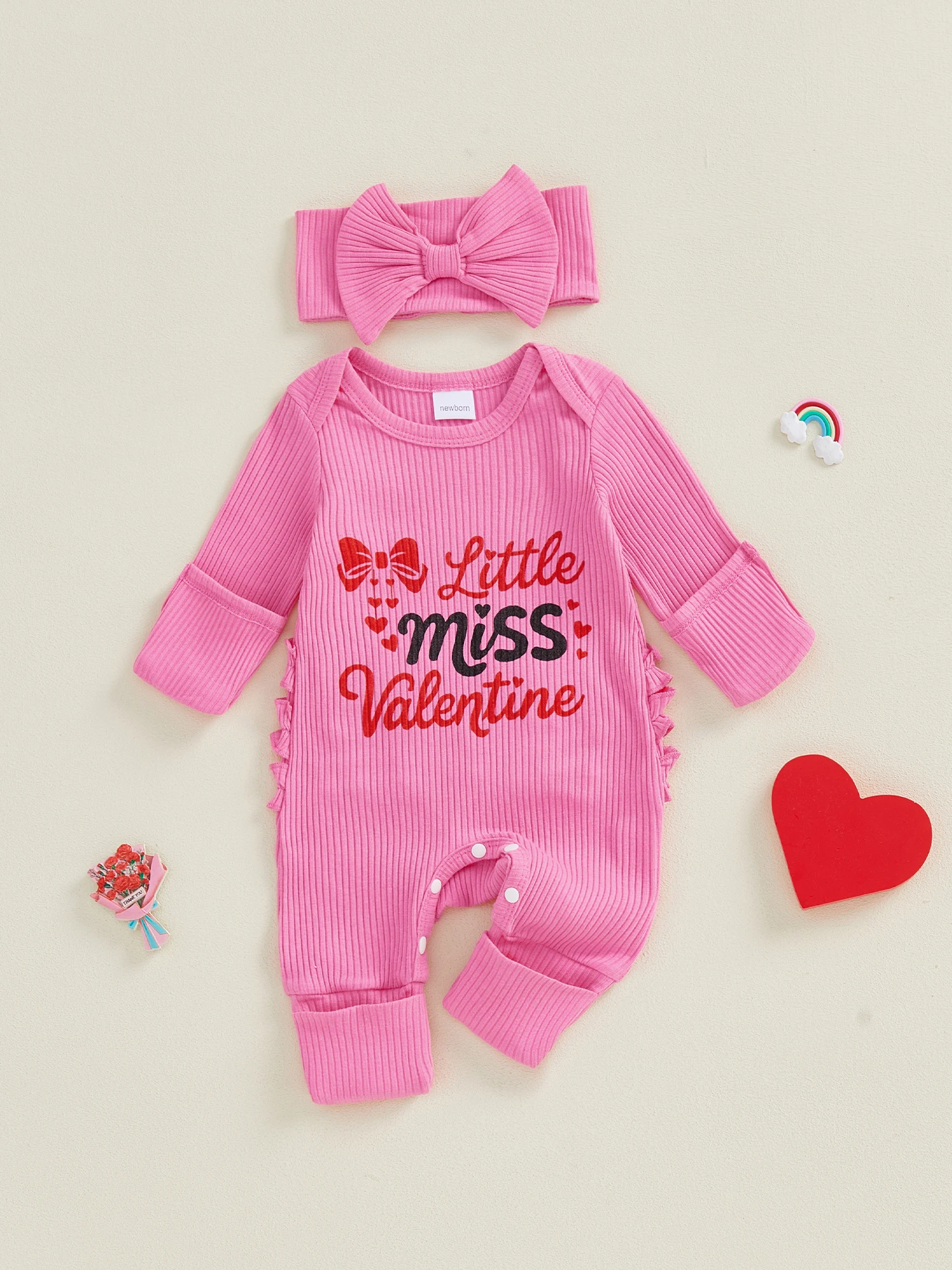 

Toddler Girl Valentine s Day Outfit Heart Print Long Sleeve Romper and Headband Set with Love Letter Bow Detail