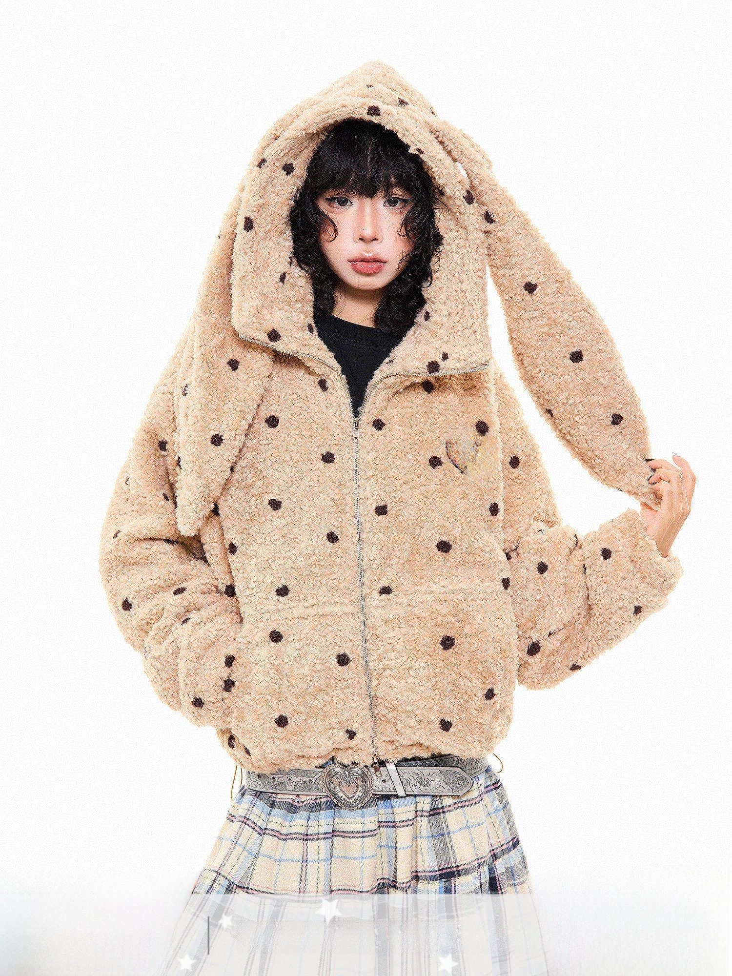 

Зимняя женская куртка MKGO с капюшоном из овечьей шерсти в горошек, свободного кроя, утепленная, в американском стиле, с длинными рукавами