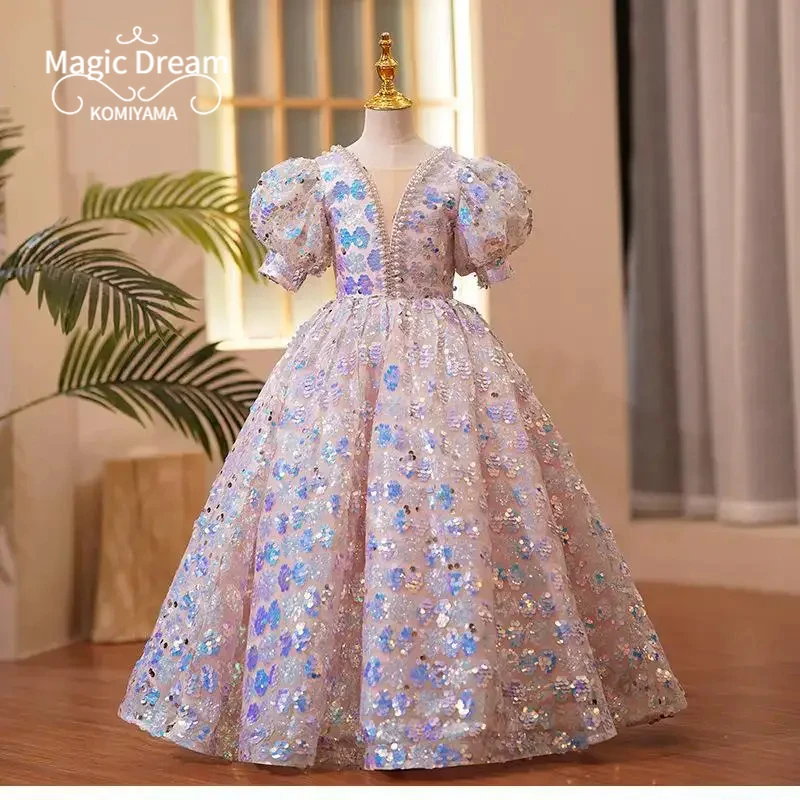 

O-neck Sequined Puff Sleeve Kids Birthday Party Vestidos Gift Slim Ball Gown Princess Robe Beading Design Flower Girls Dress