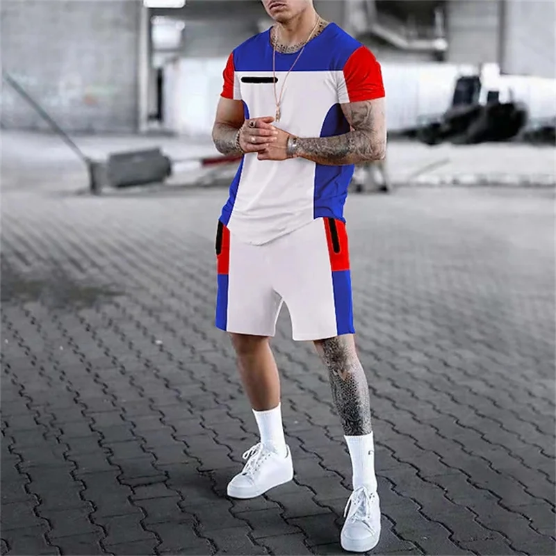 2024 New Summer Suit Men\'s Oversized T-Shirt Shorts 2 Piece Splicing Printed Sportswear Fashion Fitness Suit Men\'s Clothing