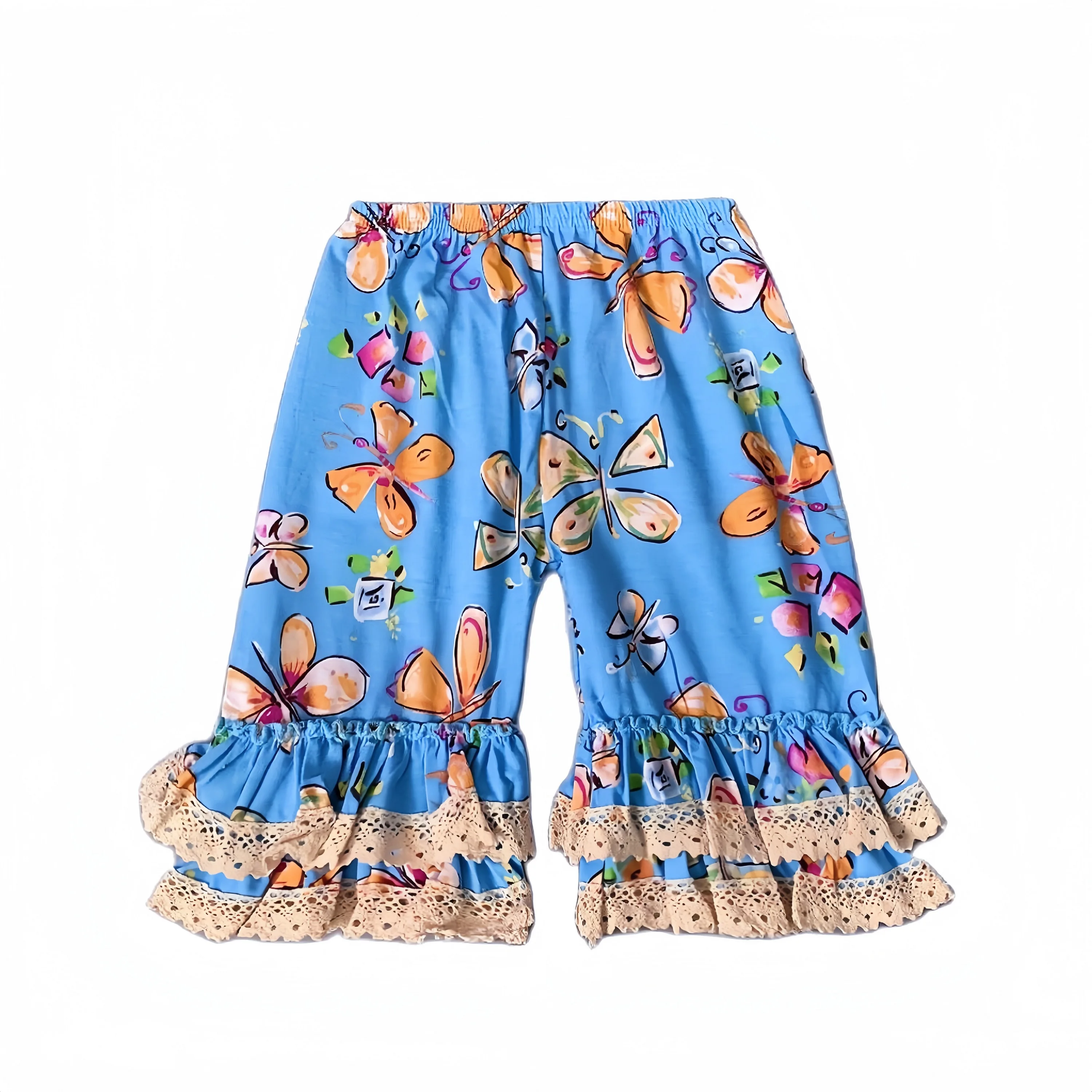 

Letter Printed Pants Girl's Plain Trousers are Pleated with Ruffled Lace Trousers Blue Butterfly Lace Pants