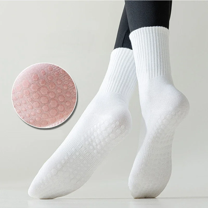 2 Pairs Yoga Socks Cotton Solid Color Mid-tube Professional Non-slip Silicone Indoor Fitness Socks Gym Floor Pilates Sport Socks