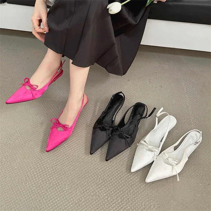 

Aneikeh Sexy Street Styler Bowknot Pumps Banquet Women Spring 2025 Fashion Pointed Thin Heel High-heeled Wedding Shoes