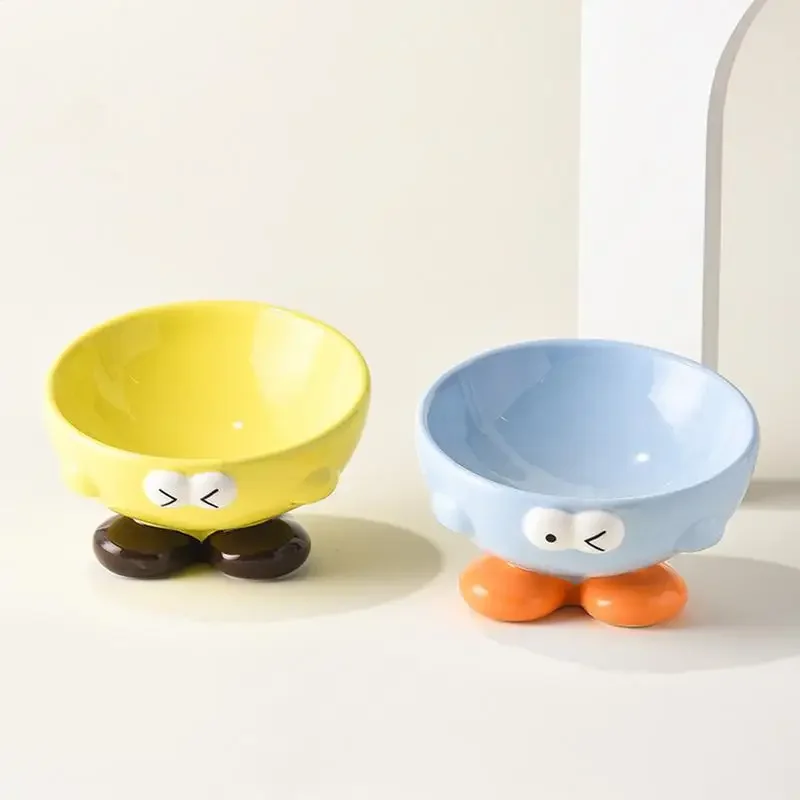 Ceramic Cat Feeder Raised Pet Feeding Dish Slanted Cat Dish Food or Water Bowls With Cute Expression Pattern for Small Medium