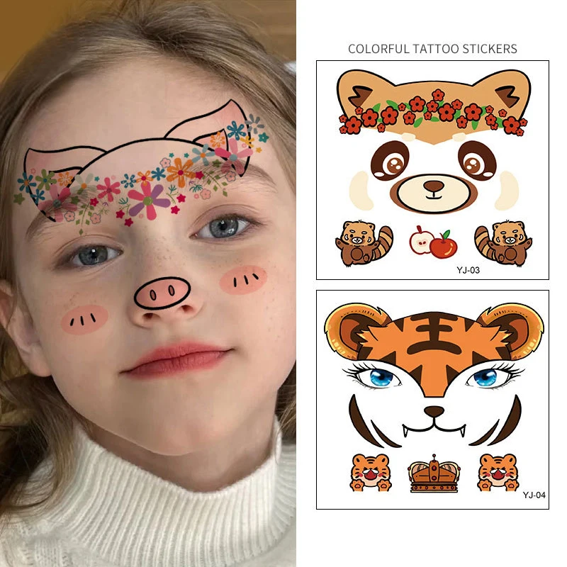 10 Sheets Animal Temporary Face Tattoo Sticker Set For Kids Water Transfer Rabbit Tiger Floral Body Paint Sticker